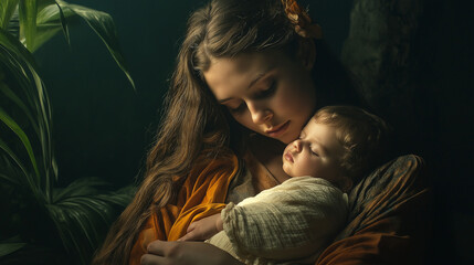 Gentle mother tenderly cradling her sleeping baby in soft embrace, a moment of pure love and peace