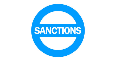 Blue text SANCTIONS inside circular stamp isolated on transparent background. Vector symbol, sign. Global trade bans, government restrictions, tariffs, financial blockade, economic warfare