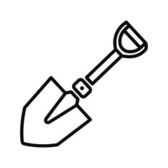 Simple black and white line art icon of a garden shovel or spade for digging, isolated on