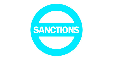 Cyan blue text SANCTIONS inside circular stamp isolated on transparent background. Vector symbol, sign. Global trade bans, government restrictions, tariffs, financial blockade, economic warfare