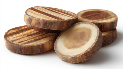 Stack of natural wooden coasters with unique grain patterns on a light background