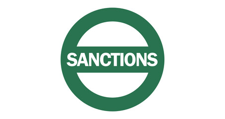 Green text SANCTIONS inside circular stamp isolated on transparent background. Vector symbol, sign. Global trade bans, government restrictions, tariffs, financial blockade, economic warfare