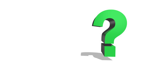 3D green question mark against white wall symbolised query doubt and uncertainty. Minimalism visual concept for business, finance, education or marketing. Thinking, problem solving, decision making.