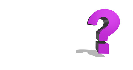 3D purple question mark against white wall symbolised query doubt and uncertainty. Minimalism visual concept for business, finance, education or marketing. Thinking, problem solving, decision making.