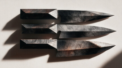 Artisan forged knives arranged artistically, showcasing textures and shadows, with copy space
