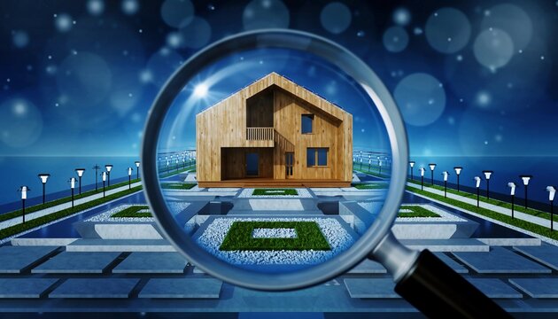 Concept of searching for a modern wooden family house online. A magnifying glass focuses on a dream home, symbolizing a digital property search and real estate technology - Powered by Adobe
