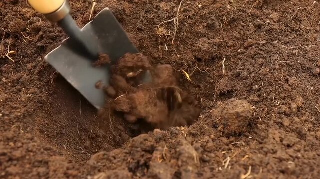 A shovel digs into rich, dark soil, uncovering a fresh hole in the earth