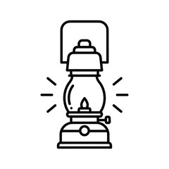 Simple black and white line art icon of a lit kerosene lantern with rays of light emanating from the flame, isolated on
