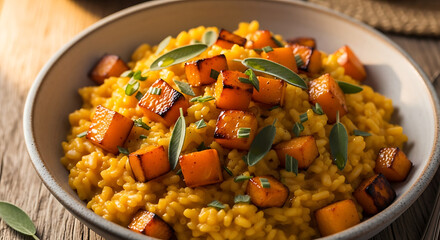 A bowl of risotto topped with roasted butternut squash cubes and fresh sage leaves, presented on a rustic wooden surface.