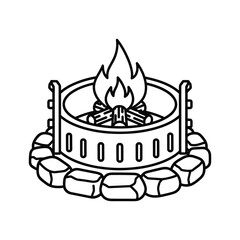 Black and white line art icon of a campfire in a metal fire pit surrounded by stone block border, isolated on