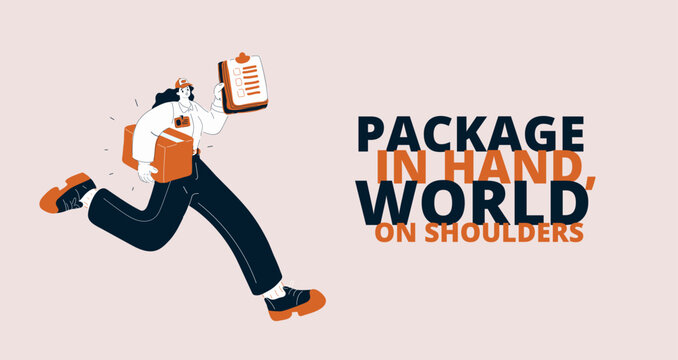 Cartoon vector illustration of a female courier running with a package symbolizing speed, delivery, and efficiency