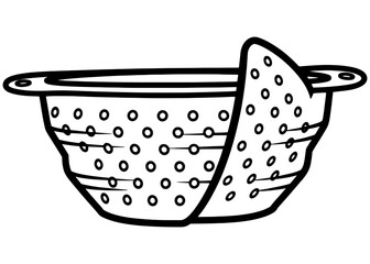 Collapsible kitchen colander vector illustration. Foldable silicone food strainer for draining pasta or vegetables. Black and white line art icon isolated on white background.