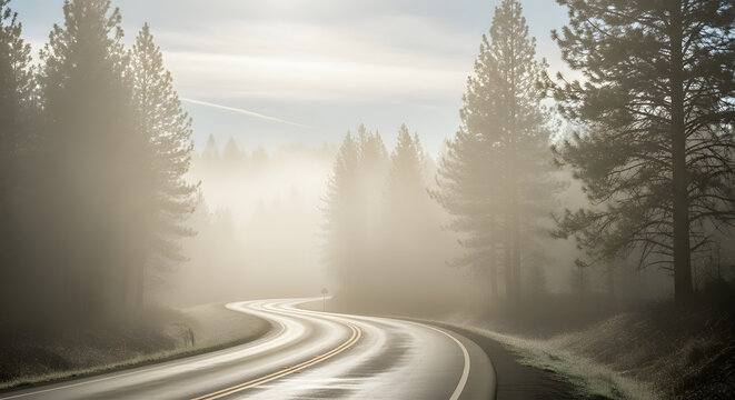 A winding road through a forest shrouded in thick fog with tall trees on either side of the road