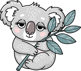 Adorable cartoon koala holding eucalyptus branch in cute vector illustration, perfect for children’s designs and wildlife themes artwork
