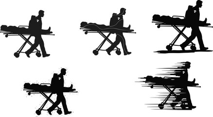 Emergency medic rushing patient on stretcher, fast ambulance response silhouette set showing medical rescue, urgent healthcare assistance and paramedic action © Shuvo Creative