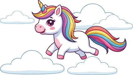 Cute cartoon unicorn with colorful rainbow mane flying through fluffy clouds in magical vector illustration, perfect for kids’ designs and fantasy themes