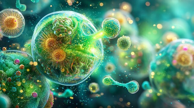 Microscopic View of Vibrant Microorganisms Interacting in a Colorful Biological Environment Filled with Details and Life Forms