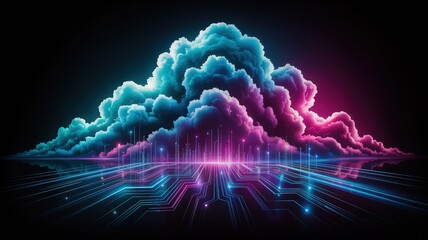 Abstract Neon Cloud Formation Over Digital Landscape.
