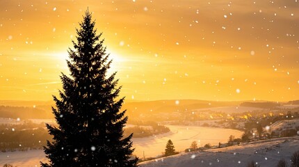 A single dark pine tree stands against a warm orange sunset sky with falling snow, creating a Christmas background wallpaper.