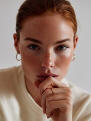 Minimalist beauty portrait of woman with neutral expression