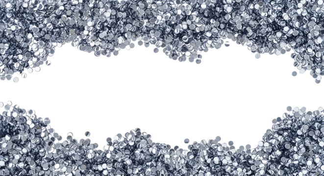 A luxurious festive background with a border of sparkling silver glitter confetti on an isolated white backdrop for celebration