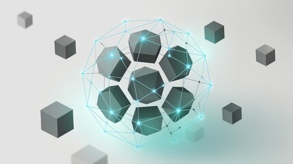 Abstract Network of Geometric Shapes and Cubes Representing Data and Connection.