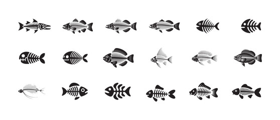 Naklejka premium Set of black fish skeletons with intricate bone structures on white background for design elements