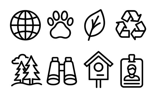 Nature Icons Collection. Nature Conservation linear icon set: globe, animal paw, leaf, recycle symbol, snow-covered forest, binoculars, birdhouse, volunteer badge - Powered by Adobe
