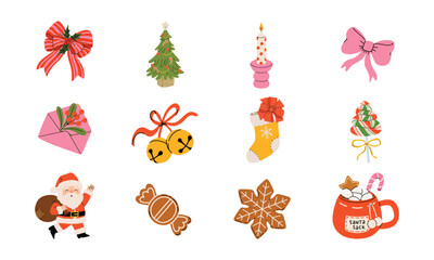 Holiday watercolor Christmas stickers vector pack