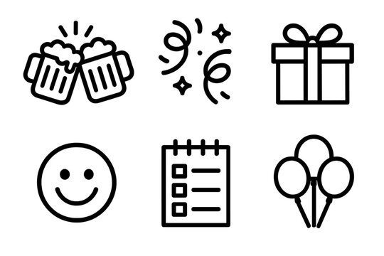 Celebration Icons Collection. Colleague Celebration linear icon set : clinking mugs, confetti swirl, wrapped gift, smiley emoji, notepad, balloon cluster