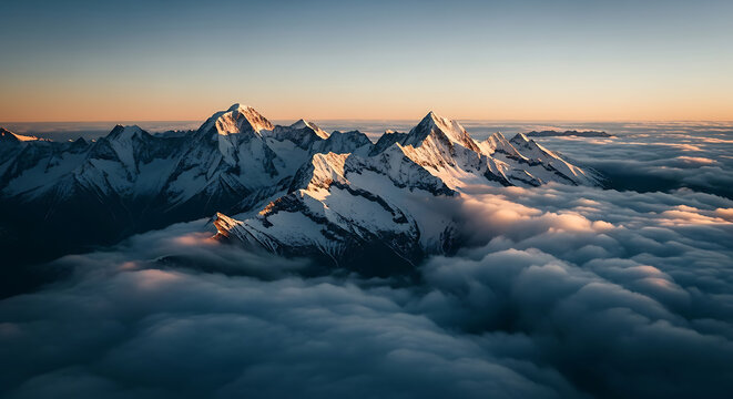 Snowy mountain peaks rise above cloudscape vista