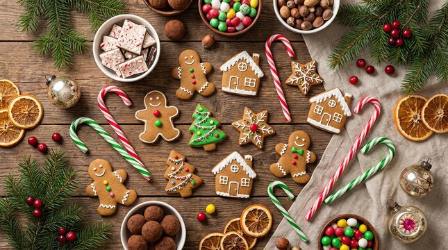 Sweet Christmas background treats arranged nicely for festive wallpaper.