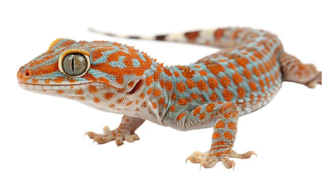 Tokay gecko, cut out on PNG, isolated on white background. AI GENERATED.