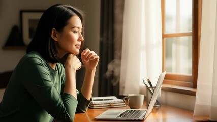 Young Asian woman working on a laptop at a wooden desk near a sunny window. Female freelancer or student looking at a computer screen with a steaming coffee cup. Remote work concept - Powered by Adobe