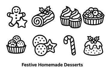 Festive Dessert Icons. Festive Homemade Desserts linear icon set: gingerbread cookies, Yule log, frosted cupcakes, fruit tart, truffles, sugar cookies, candy cane, pudding
