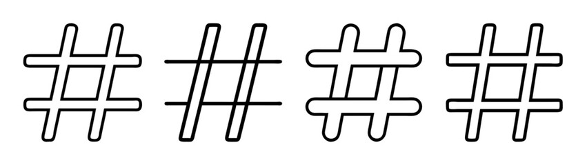 Four distinct hashtag symbols line art set for social media content