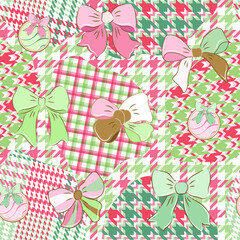 Christmas Houndstooth seamless pattern, creative, bow check seamless pattern, pink, red green