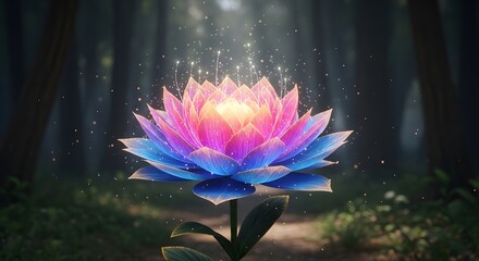 Radiant lotus with shimmering light and ethereal petals set in dreamy forest perfect for serene themes and spiritual visuals