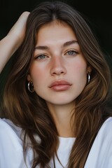 Woman with wavy hair and natural makeup looking at camera