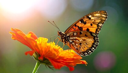 Obraz premium Butterfly with orange and brown wings on a vibrant orange flower against a blurred green and bokeh background