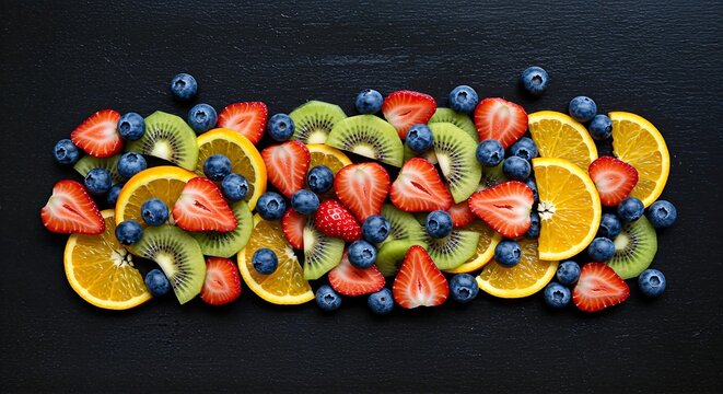 A vibrant and colorful arrangement of fresh sliced fruits including strawberries, oranges, kiwis, and blueberries on a dark background. - Powered by Adobe