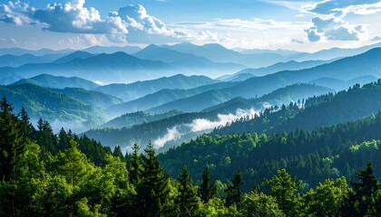 Fototapeta premium Blue, mist-covered, and lush green mountain ranges stretch into the distance under a partly cloudy sky