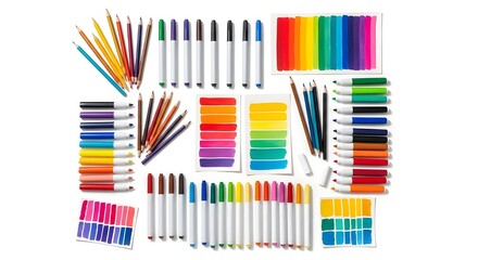 Vibrant art supplies: markers, colored pencils, and color swatches on white