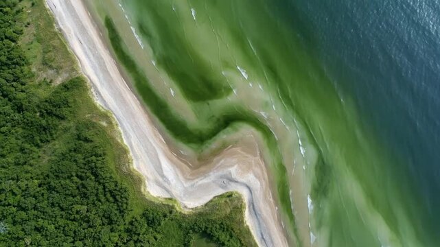 This stunning aerial perspective captures the dynamic interplay between land and water along a pristine coastline. Lush green forest edges meet a curving stretch of light-colored sandy beach, which ge