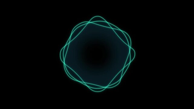 AI Babel, A glowing turquoise circular shape with repeating curves on a black background in a simple design.