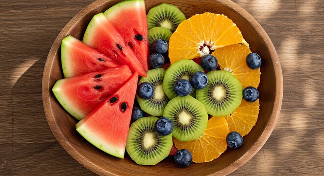 Colorful fruit platter with watermelon, kiwi, orange, and blueberries in a wooden bowl.