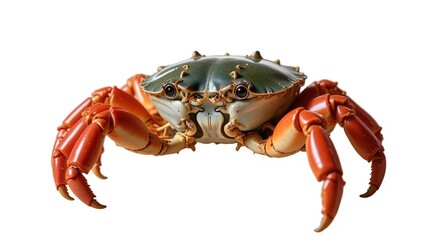 The sea crab, front view, is highlighted on a white background. Detailed carapace and claws. The concept of seafood, ocean and wildlife.