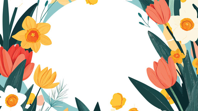 A beautiful spring floral frame featuring a border of tulips, roses, and poppies in a vibrant pink and red illustration