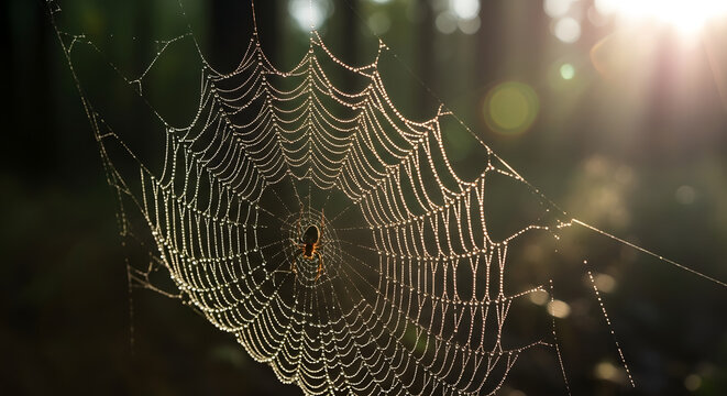 A spiderweb covered in dew drops with a spider in the center against a blurry forest background