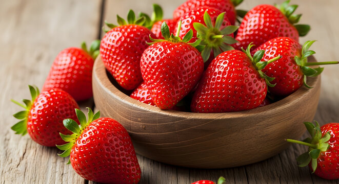 A wooden bowl filled with fresh ripe strawberries sitting on a rustic wooden surface close up view